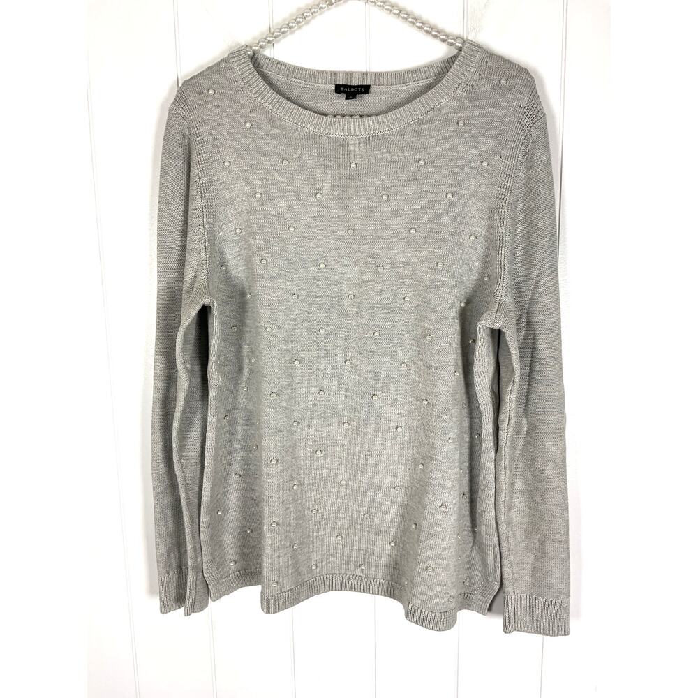 Talbots‎ Gray Faux Pearl Bead Cotton Blend Long Sleeve Sweater Size Large